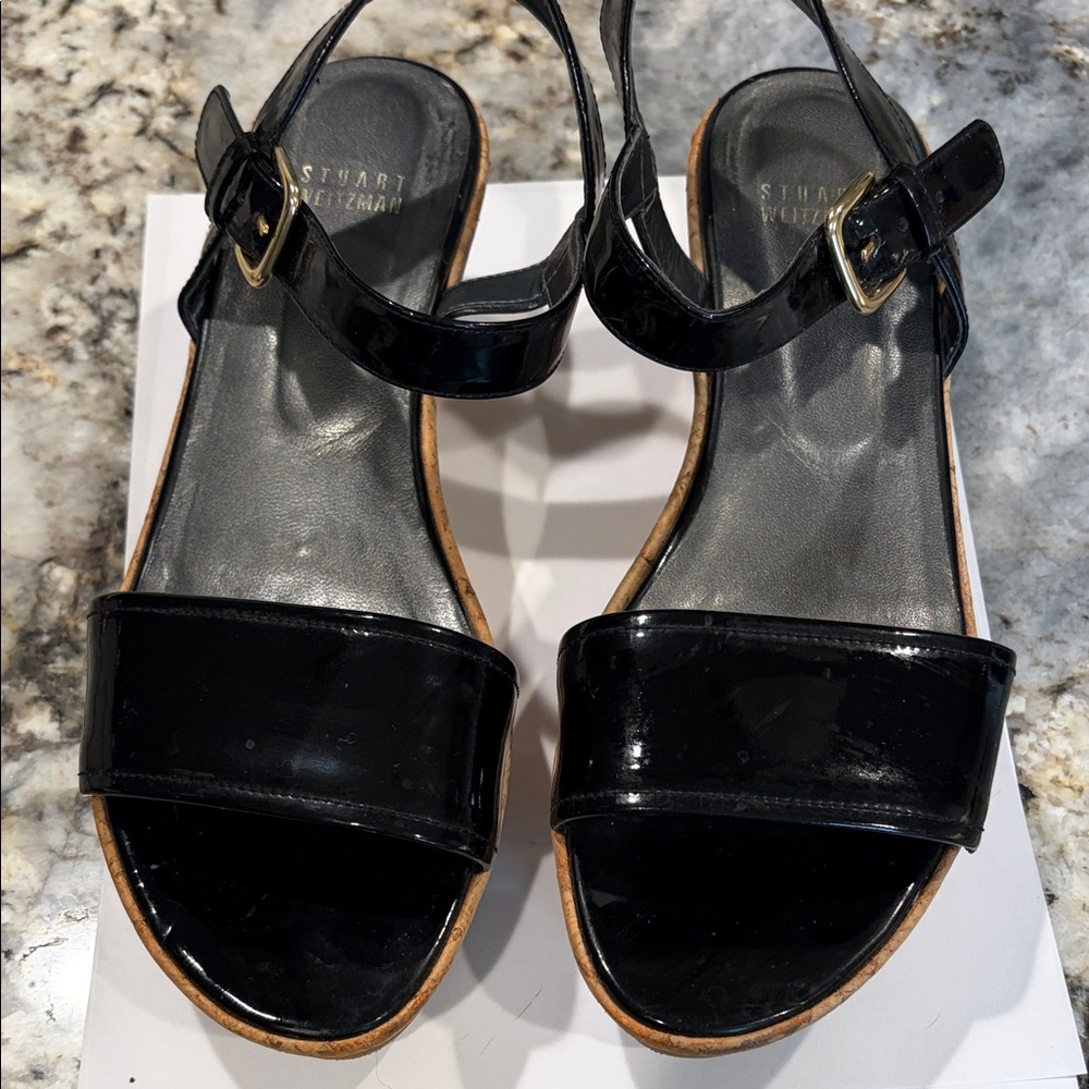Stuart Weitzman Black Patent Leather Open-Toe Slingback Sandals